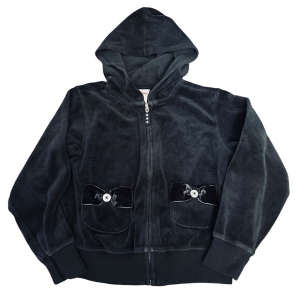 Gymboree Girls Black Velour Hoodie Bow Zip Up Sweatshirt 7 - Picture 2 of 6